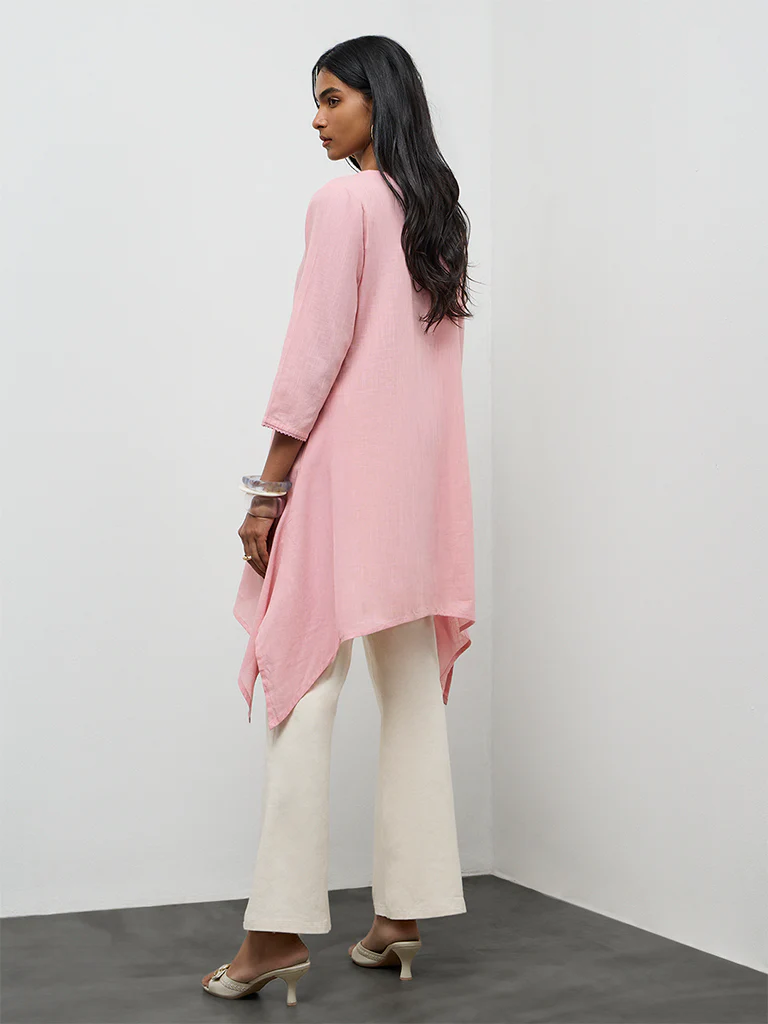 Utsa Pink Floral Cotton Kurta - Image 4