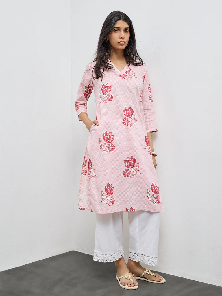 Utsa Pink Floral Cotton Straight Kurta - Image 2