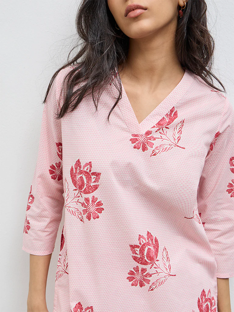Utsa Pink Floral Cotton Straight Kurta - Image 3