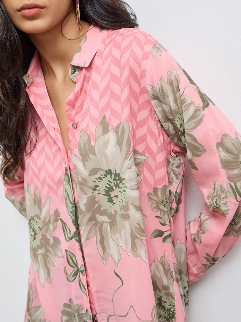 Utsa Pink Floral Cotton Tunic - Image 3