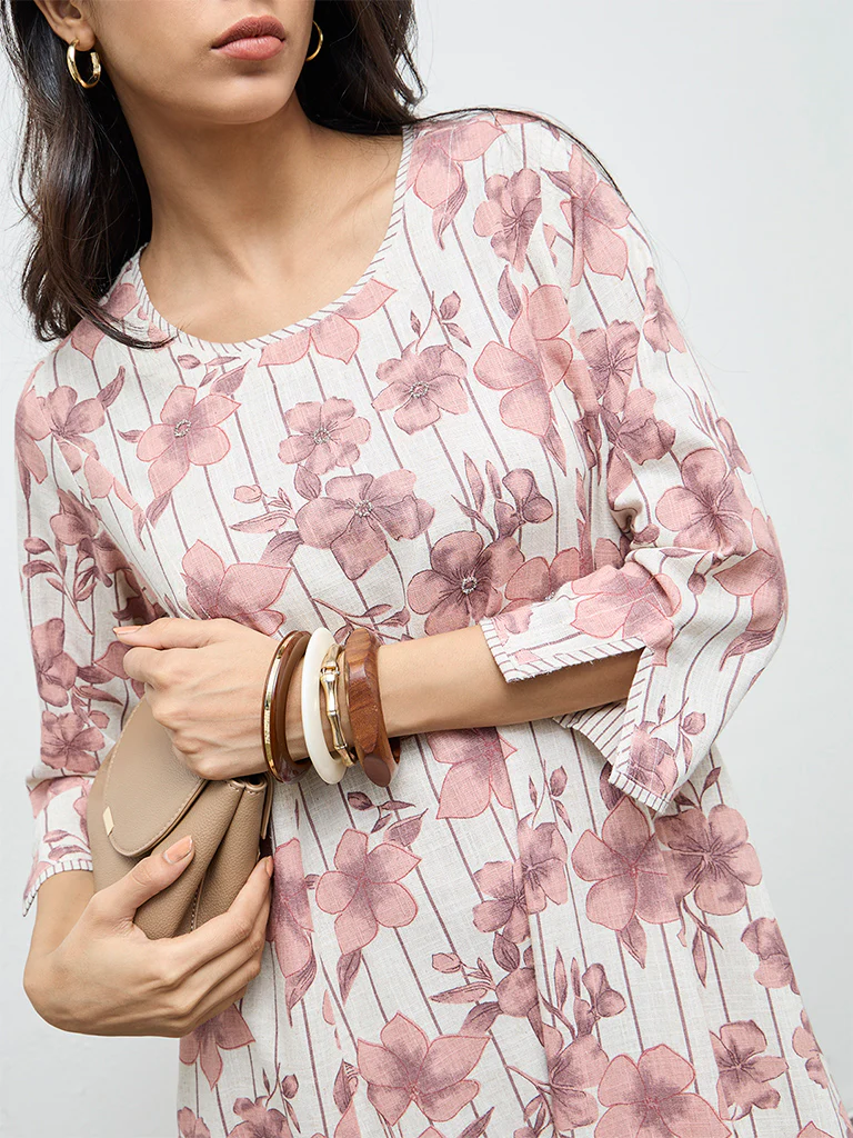 Utsa Pink Floral Design A-Line Kurta - Image 3