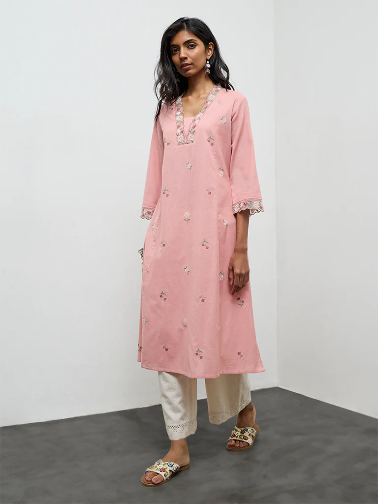Utsa Pink Floral Embroidered A-line Cotton-Blend Kurta - Image 2