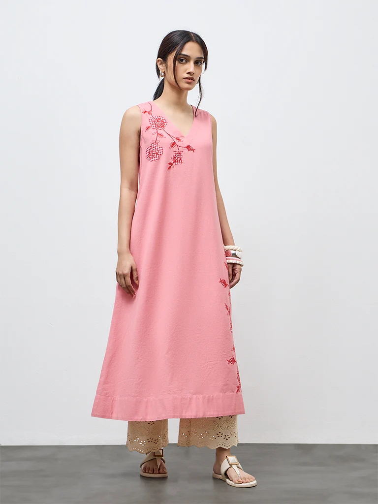 Utsa Pink Floral Embroidered A-Line Cotton Kurta - Image 2