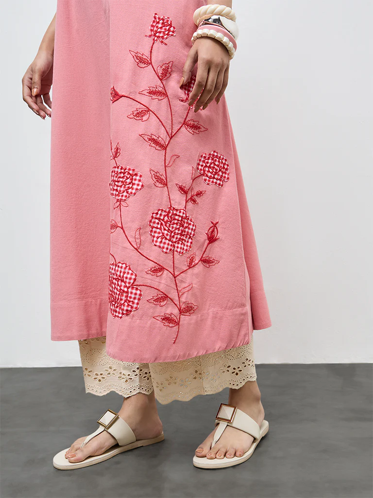 Utsa Pink Floral Embroidered A-Line Cotton Kurta - Image 3