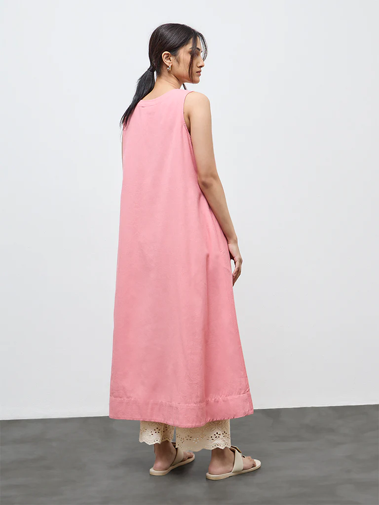 Utsa Pink Floral Embroidered A-Line Cotton Kurta - Image 4