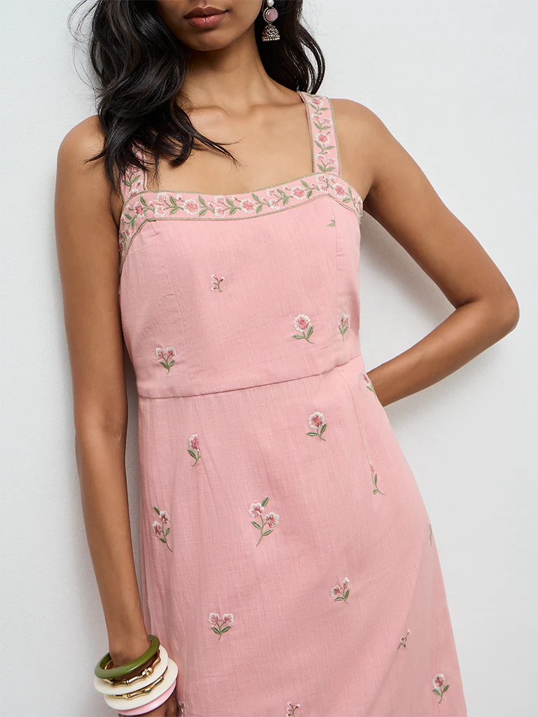 Utsa Pink Floral Embroidered A-Line Cotton Kurta - Image 3