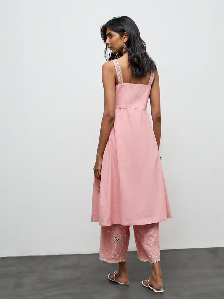Utsa Pink Floral Embroidered A-Line Cotton Kurta - Image 4
