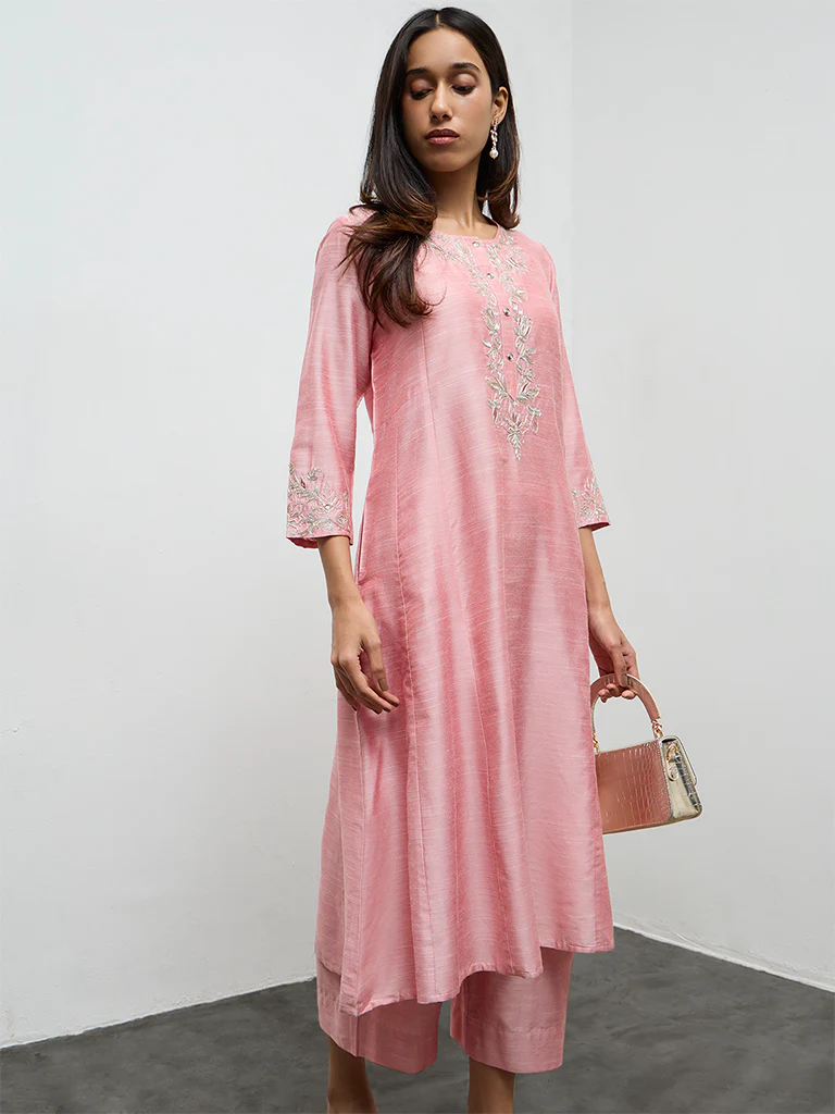 Utsa Pink Floral Embroidered A-Line Kurta - Image 2