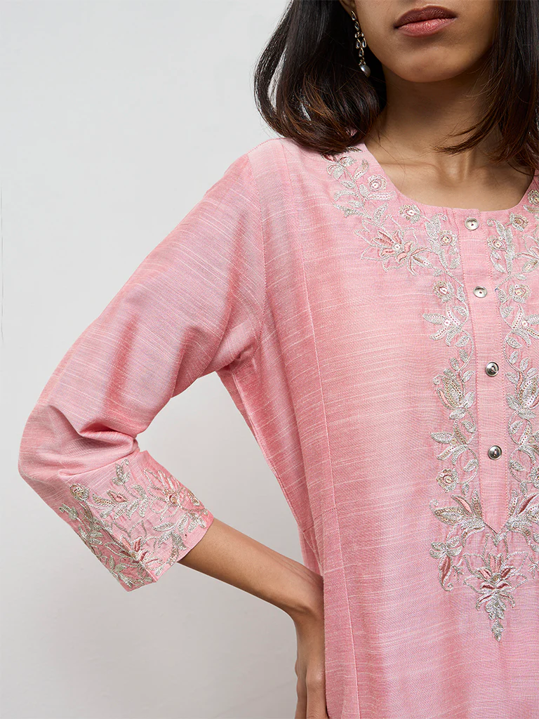 Utsa Pink Floral Embroidered A-Line Kurta - Image 3