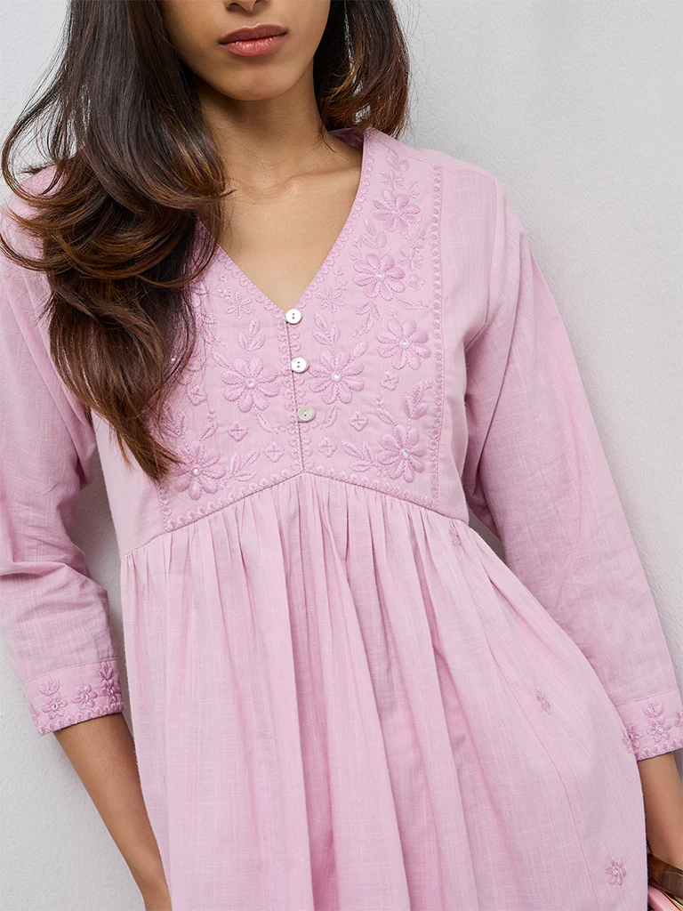 Utsa Pink Floral Embroidered Cotton A-Line Kurta - Image 3