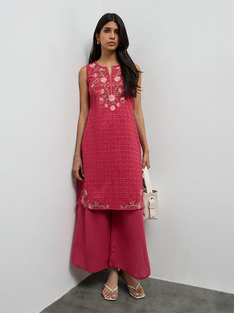 Utsa Pink Floral Embroidered Cotton A-Line Kurta