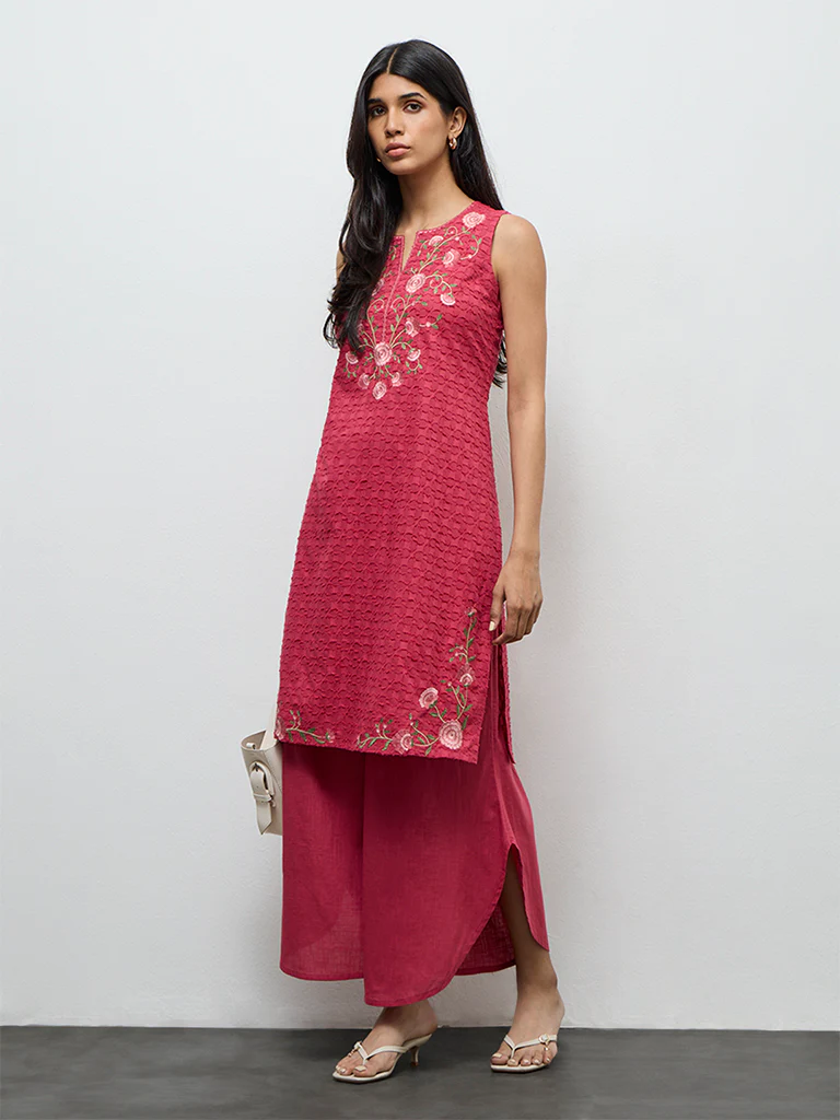 Utsa Pink Floral Embroidered Cotton A-Line Kurta - Image 2