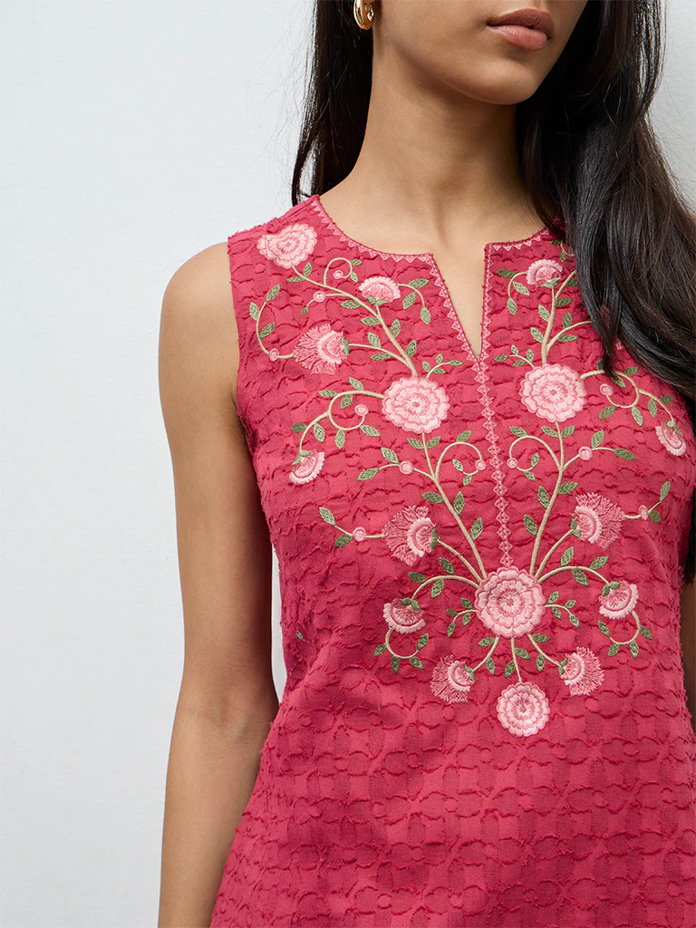 Utsa Pink Floral Embroidered Cotton A-Line Kurta - Image 3