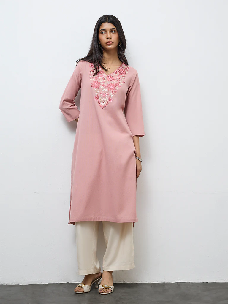 Utsa Pink Floral Embroidered Cotton-Blend A-Line Kurta - Image 2