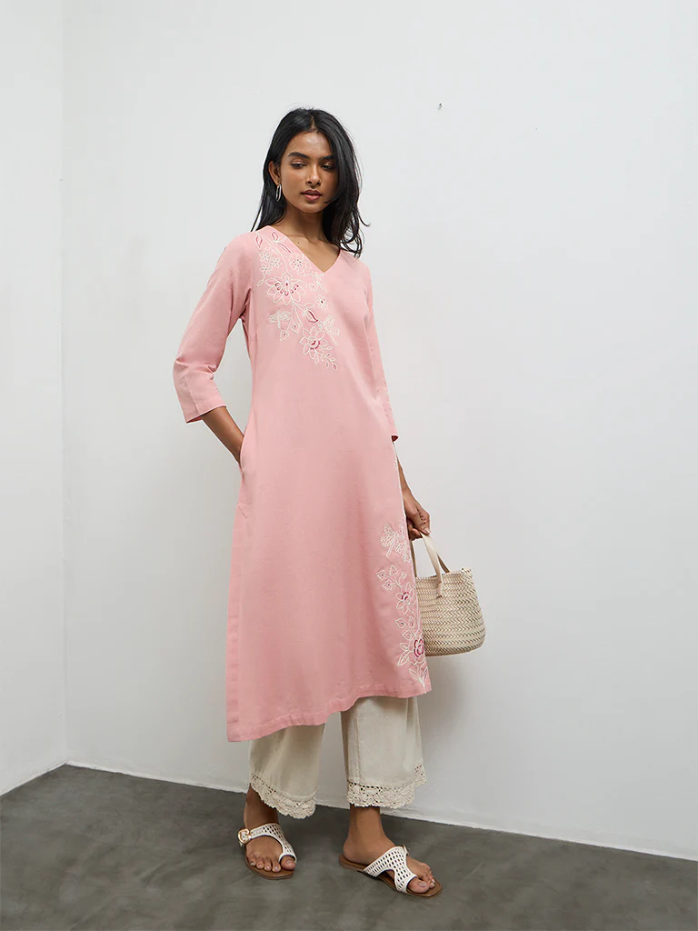 Utsa Pink Floral Embroidered Cotton-Blend A-Line Kurta - Image 2
