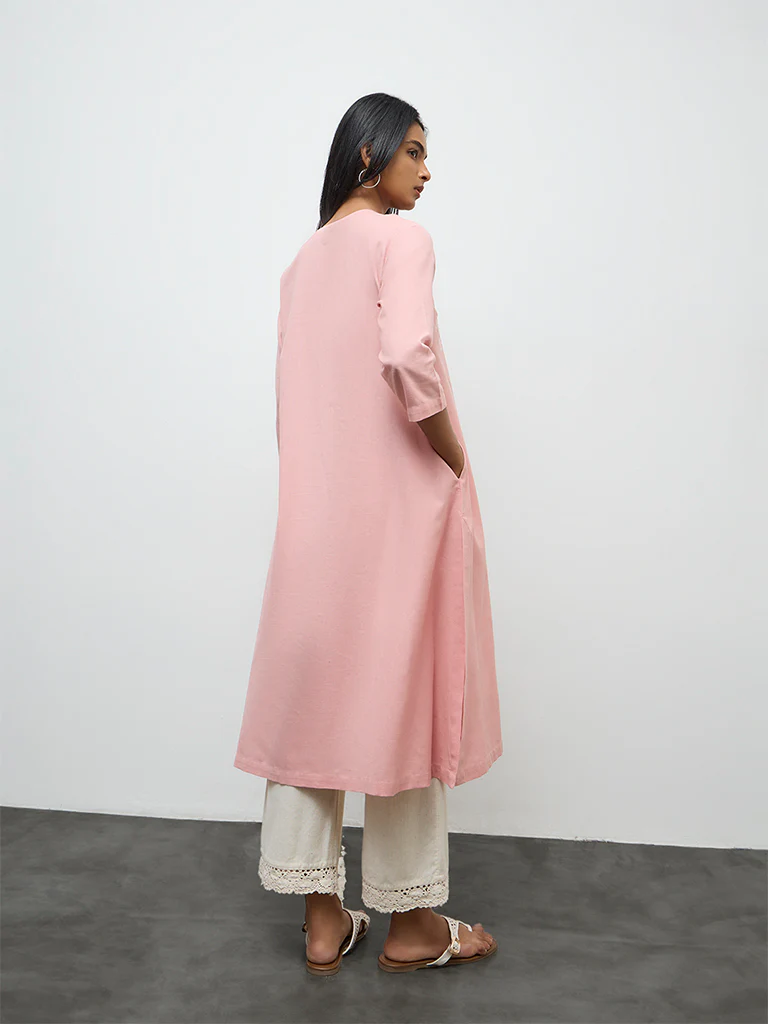 Utsa Pink Floral Embroidered Cotton-Blend A-Line Kurta - Image 4