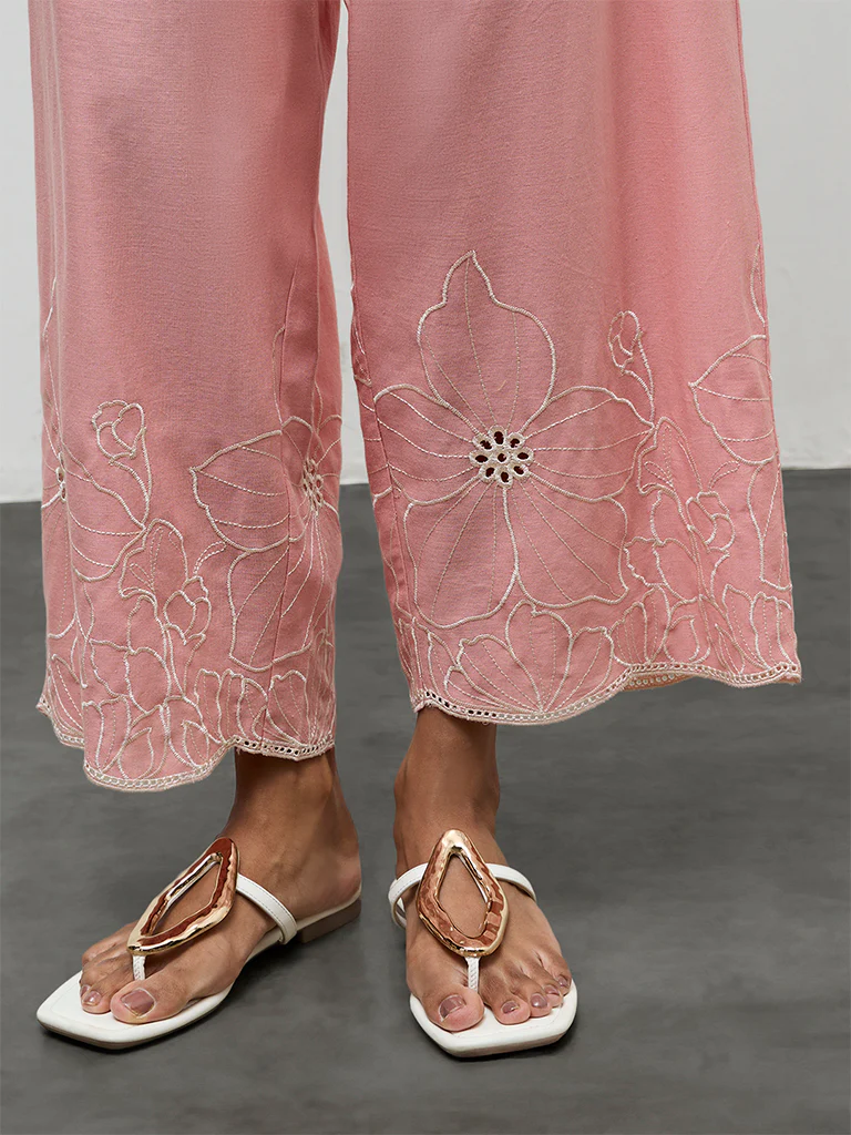 Utsa Pink Floral Embroidered Cotton-Blend Pants - Image 3