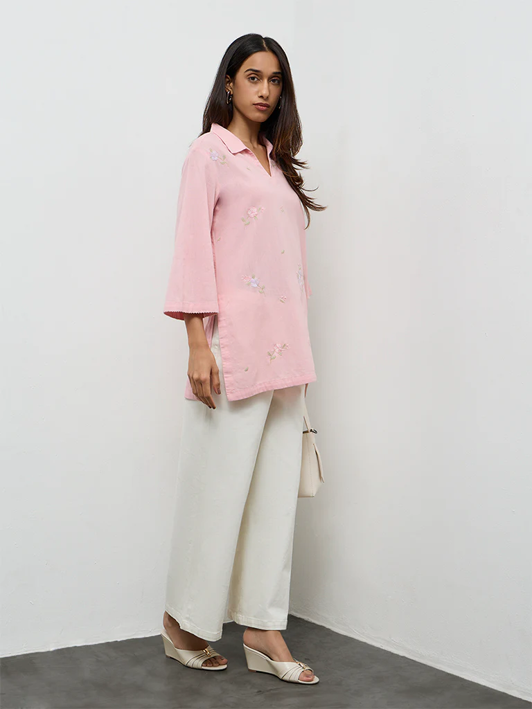 Utsa Pink Floral Embroidered Cotton-Blend Tunic - Image 2