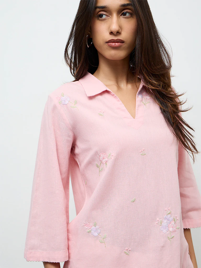 Utsa Pink Floral Embroidered Cotton-Blend Tunic - Image 3
