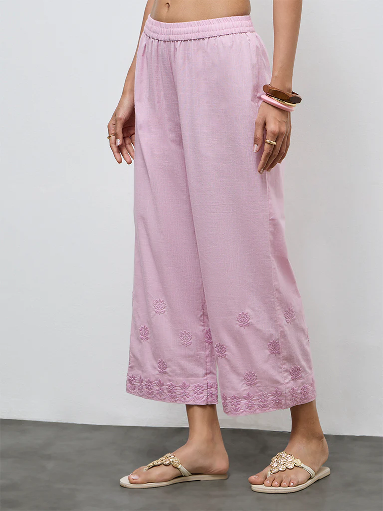 Utsa Pink Floral Embroidered Cotton Pants