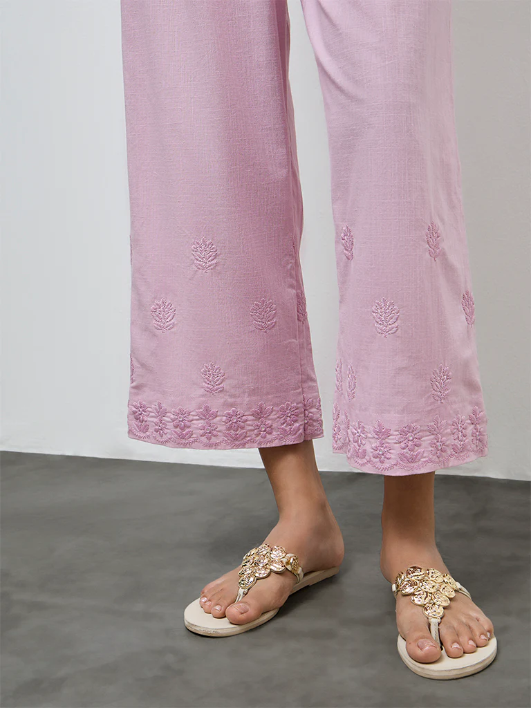 Utsa Pink Floral Embroidered Cotton Pants - Image 3