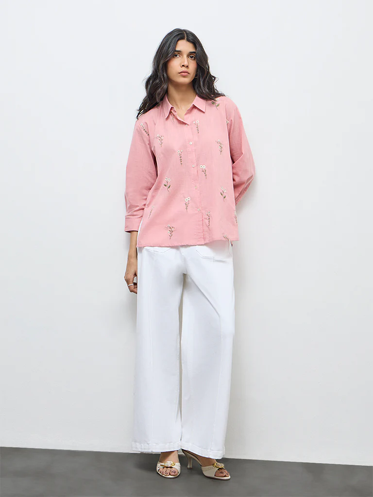 Utsa Pink Floral Embroidered Cotton Tunic - Image 2