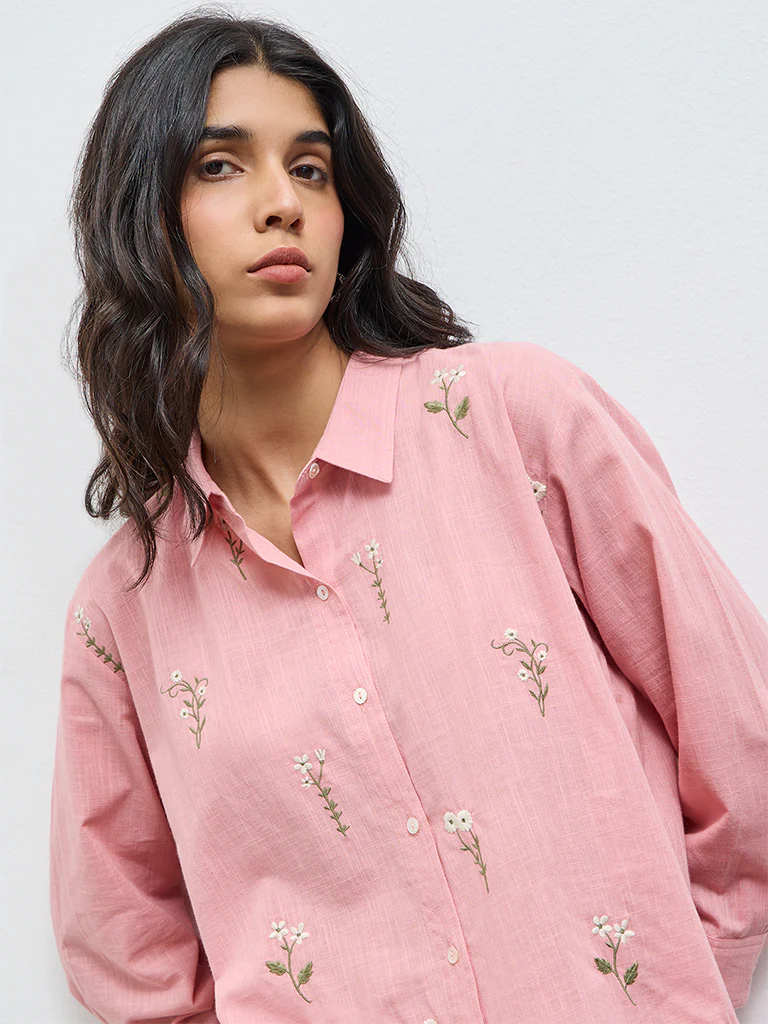 Utsa Pink Floral Embroidered Cotton Tunic - Image 3
