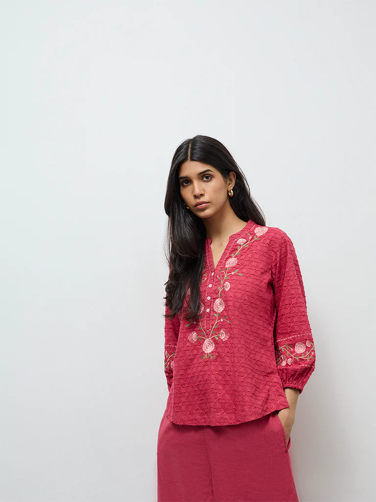 Utsa Pink Floral Embroidered Cotton Tunic