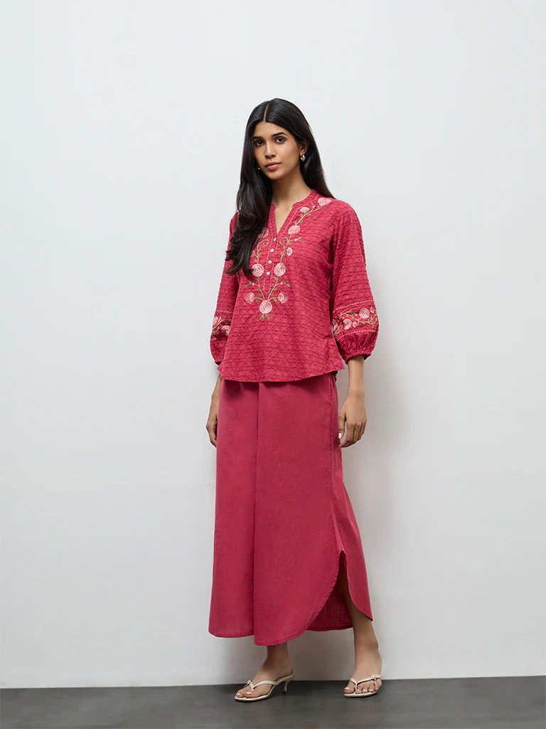 Utsa Pink Floral Embroidered Cotton Tunic - Image 2