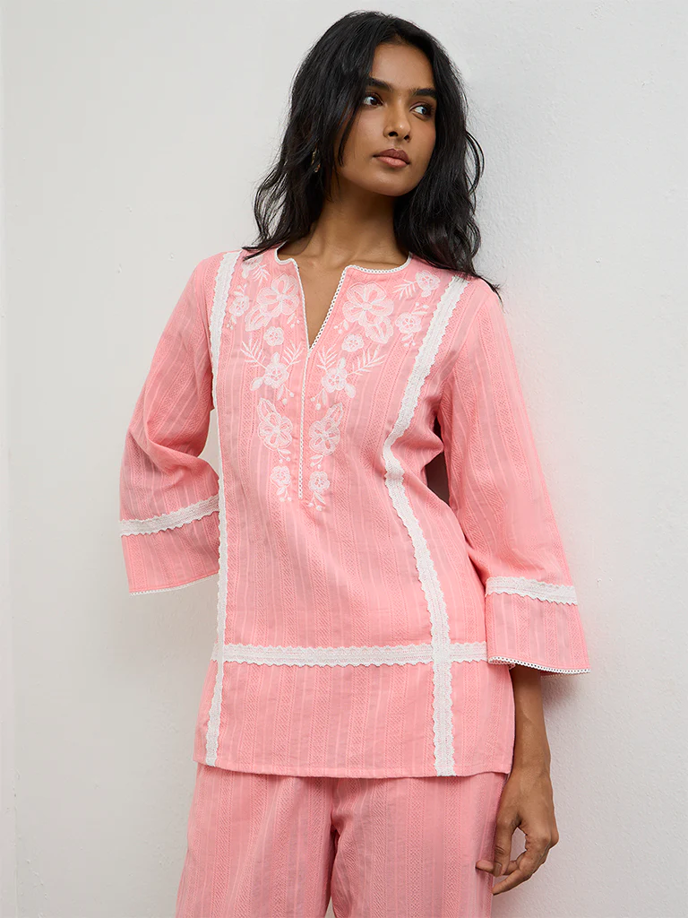 Utsa Pink Floral Embroidered Cotton Tunic