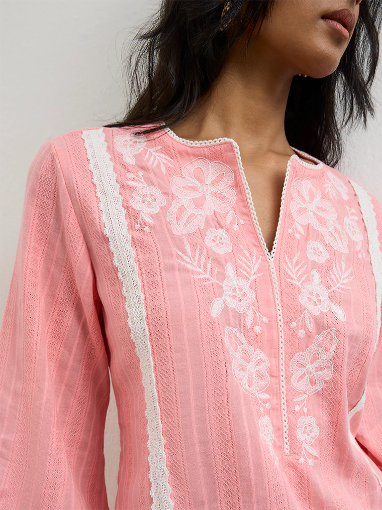 Utsa Pink Floral Embroidered Cotton Tunic - Image 3