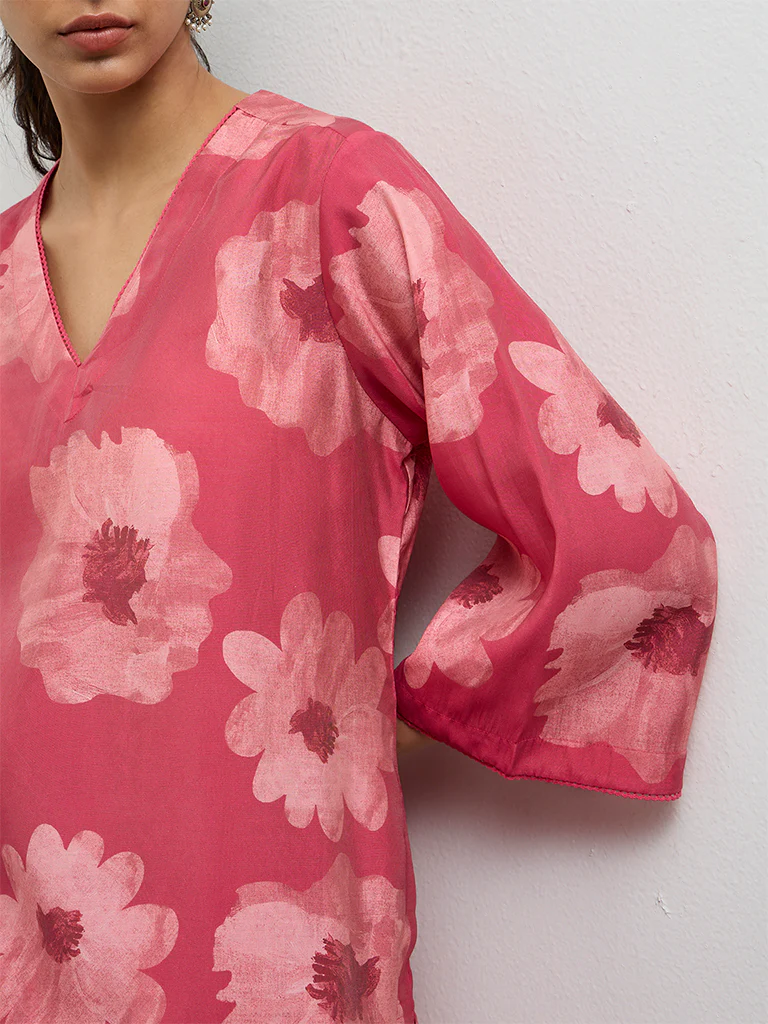 Utsa Pink Floral Pattern A-Line Kurta - Image 3