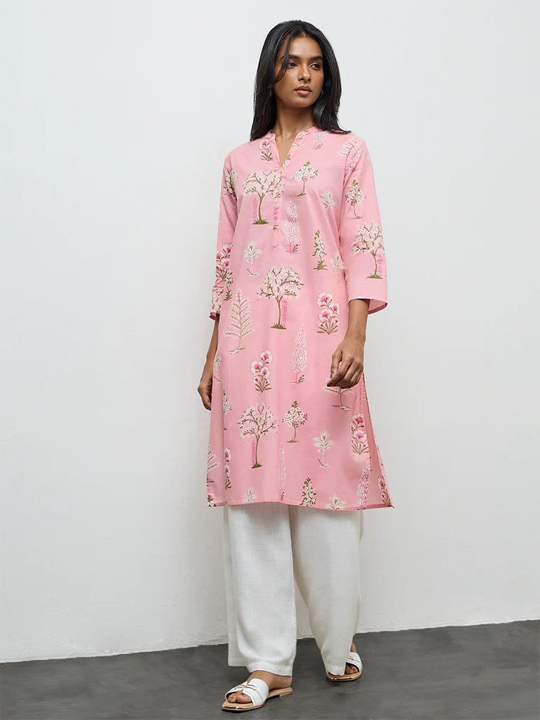 Utsa Pink Floral Pattern Cotton Straight Kurta