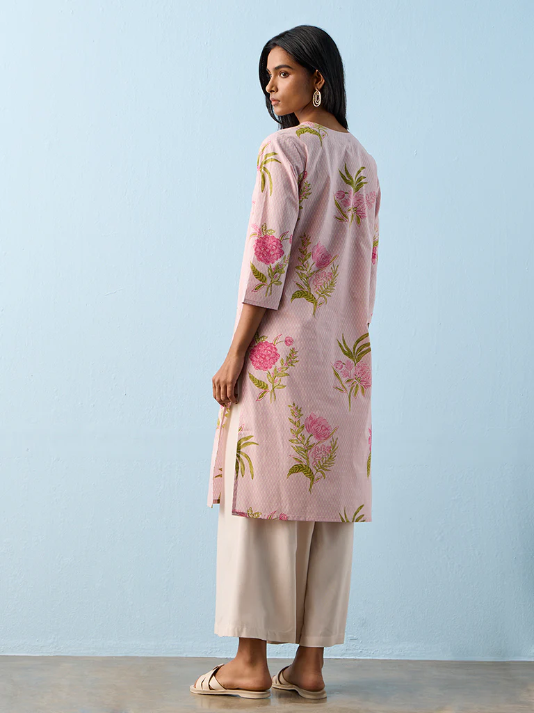 Utsa Pink Floral Pattern Cotton Straight Kurta - Image 4