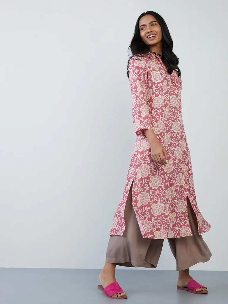 Utsa Pink Floral-Printed A-Line Kurta