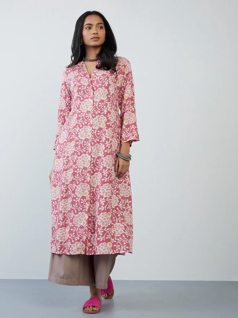 Utsa Pink Floral-Printed A-Line Kurta - Image 3