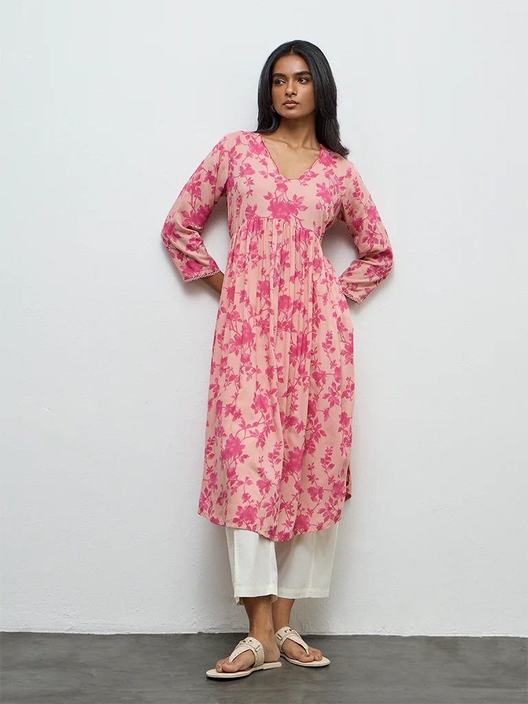 Utsa Pink Floral Printed A-Line Kurta - Image 2