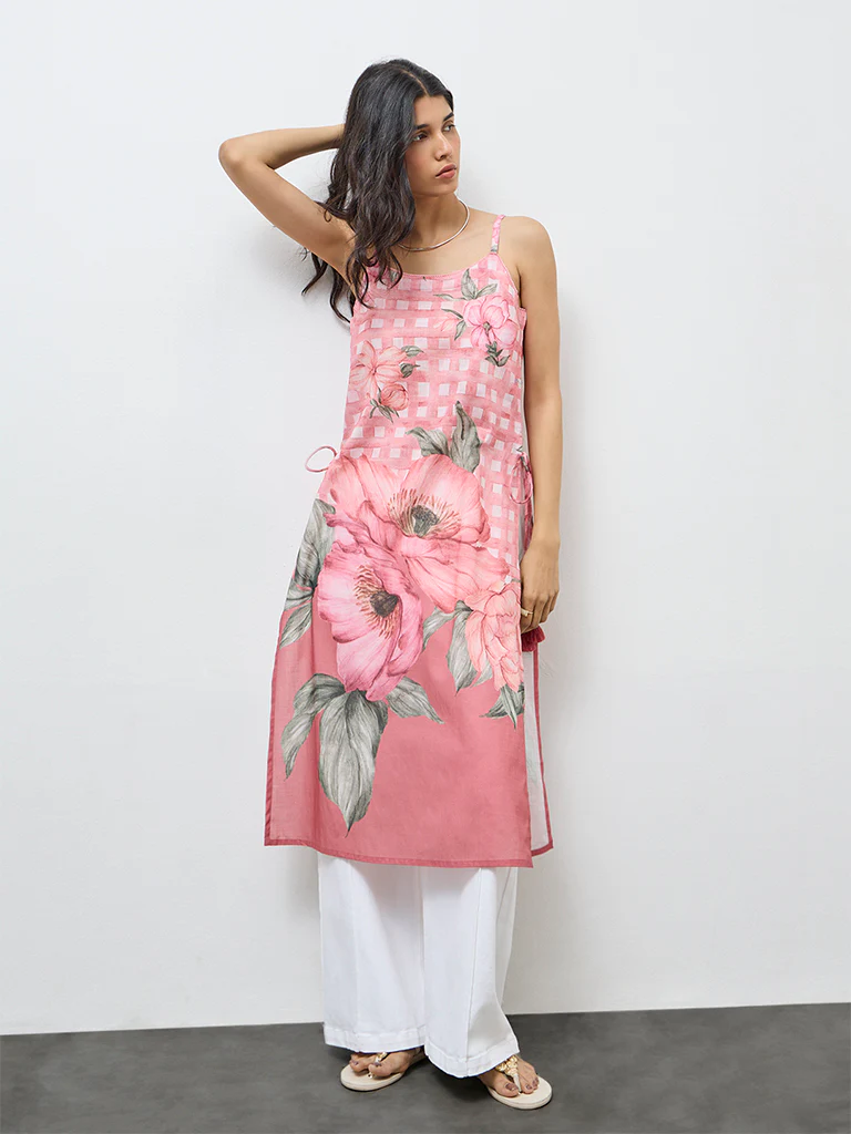 Utsa Pink Floral Printed Cotton A-Line Kurta