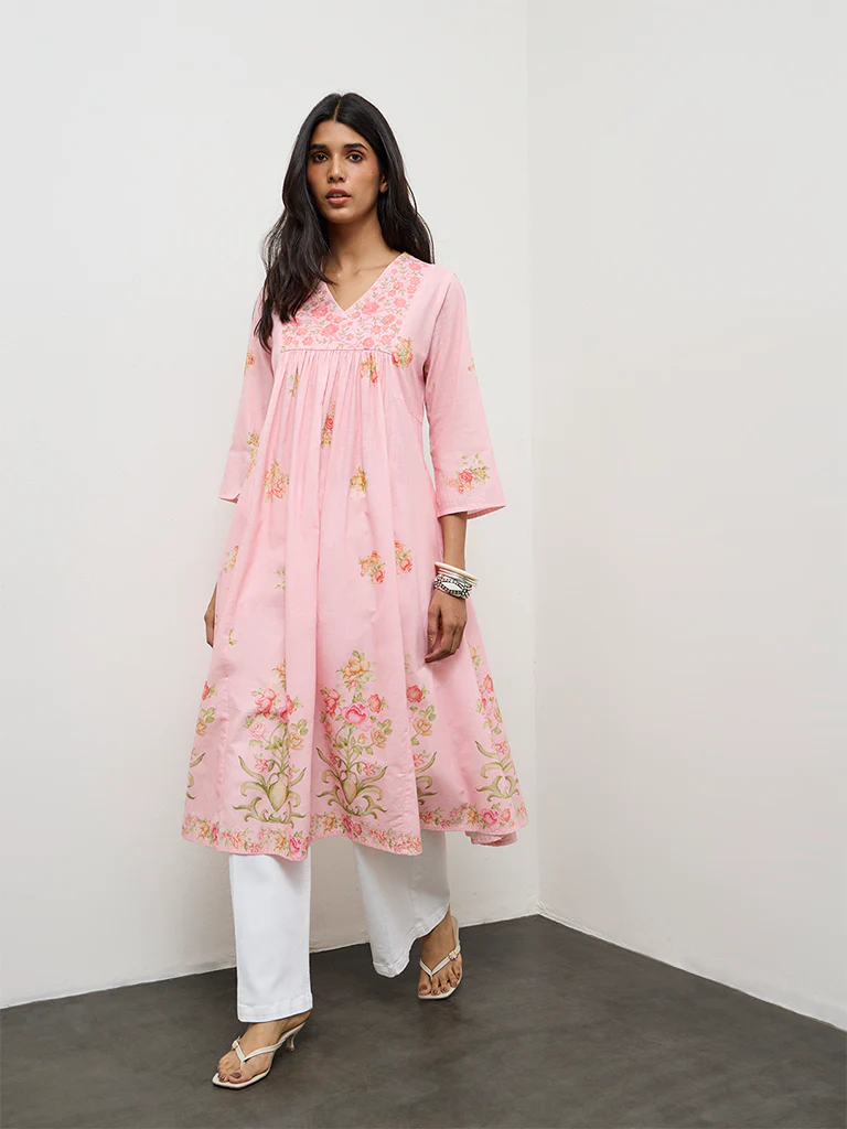 Utsa Pink Floral Printed Cotton Anarkali Kurta - Image 2