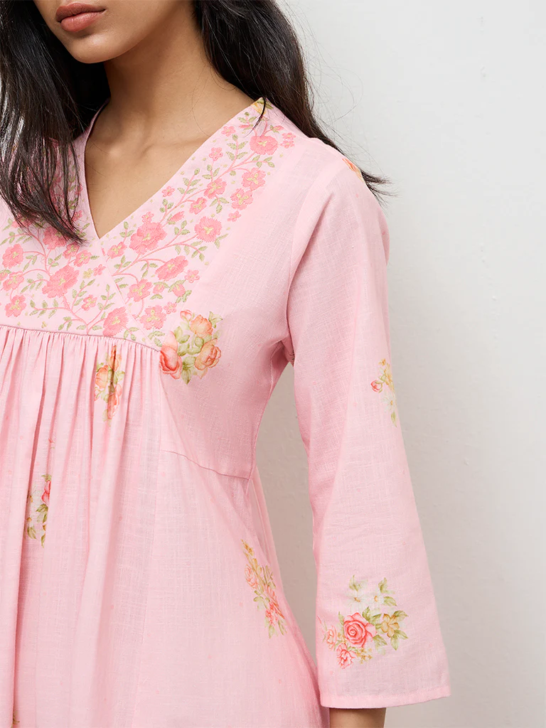 Utsa Pink Floral Printed Cotton Anarkali Kurta - Image 3