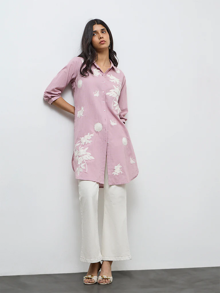 Utsa Pink Floral Printed Cotton-Blend A-Line Kurta - Image 2