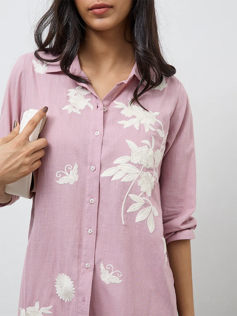 Utsa Pink Floral Printed Cotton-Blend A-Line Kurta - Image 3