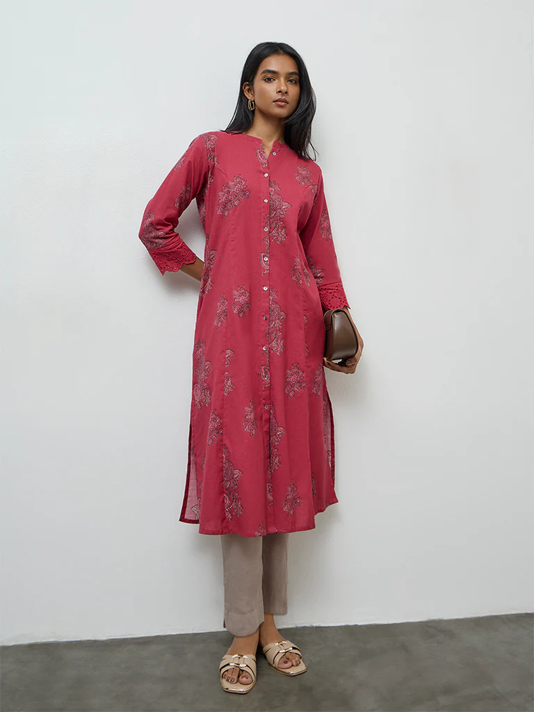 Utsa Pink Floral Printed Cotton-Blend A-Line Kurta