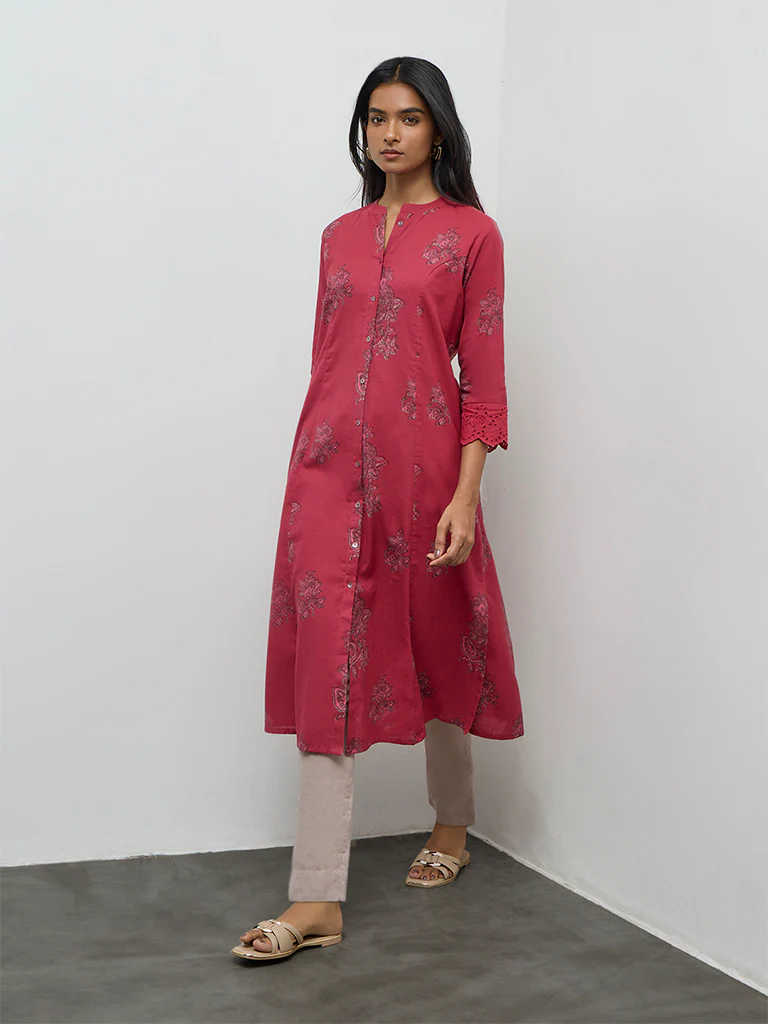 Utsa Pink Floral Printed Cotton-Blend A-Line Kurta - Image 2
