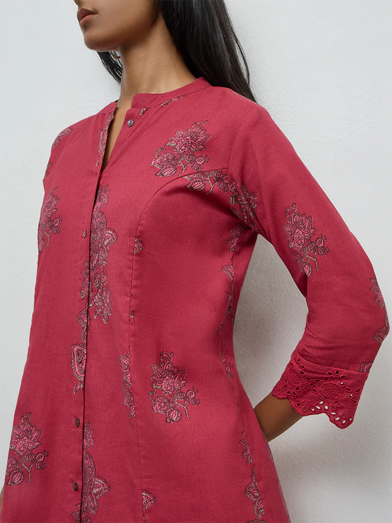 Utsa Pink Floral Printed Cotton-Blend A-Line Kurta - Image 3