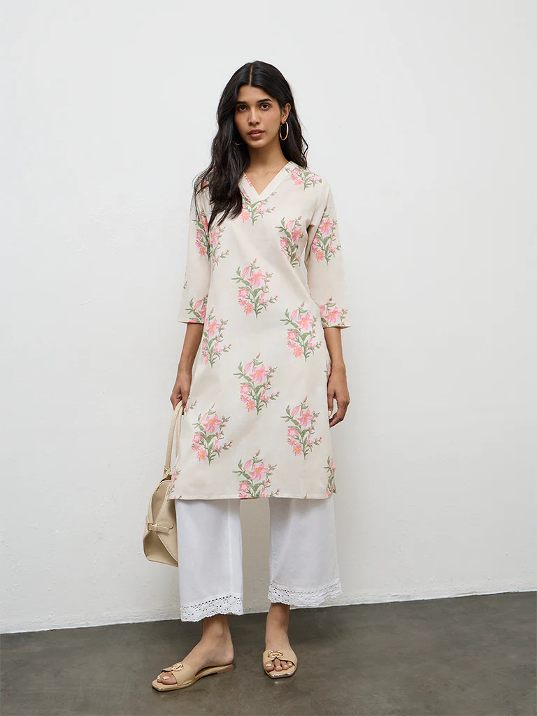 Utsa Pink Floral Printed Cotton Straight Kurta