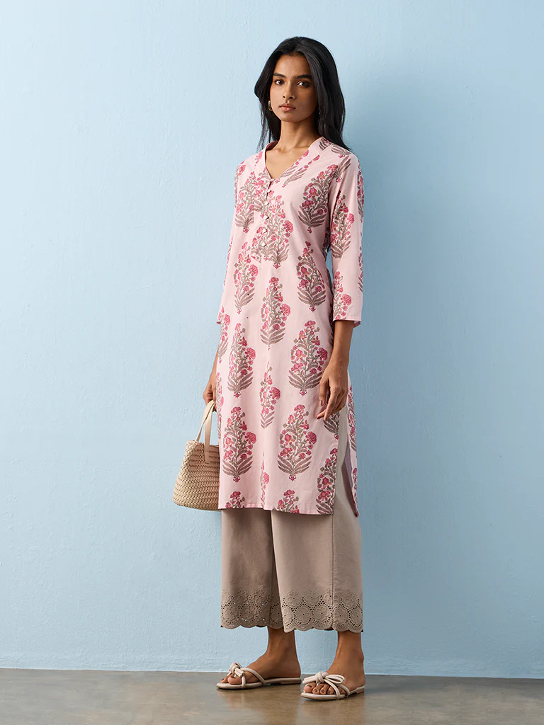 Utsa Pink Floral Printed Cotton Straight Kurta