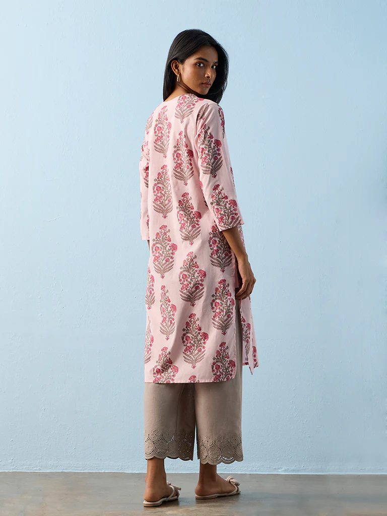 Utsa Pink Floral Printed Cotton Straight Kurta - Image 4