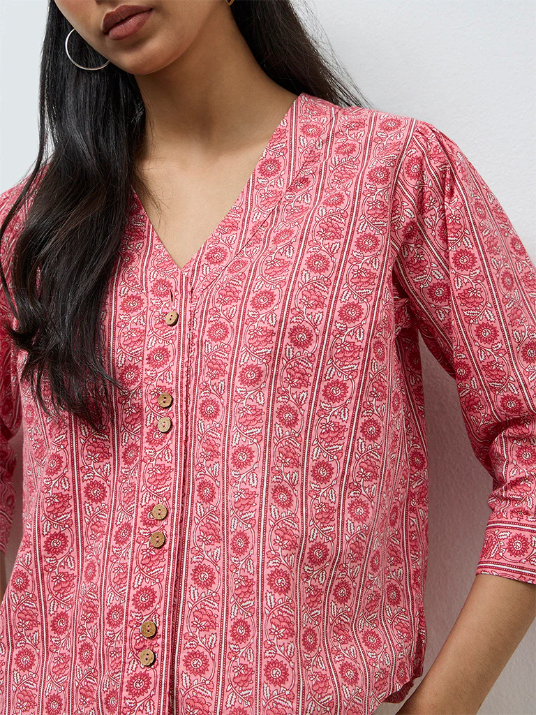 Utsa Pink Floral Printed Cotton Tunic - Image 3