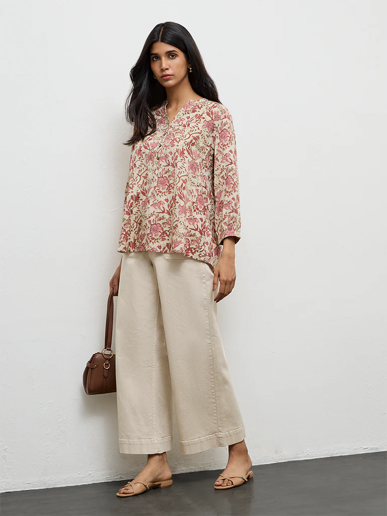 Utsa Pink Floral Printed Cotton Tunic - Image 2